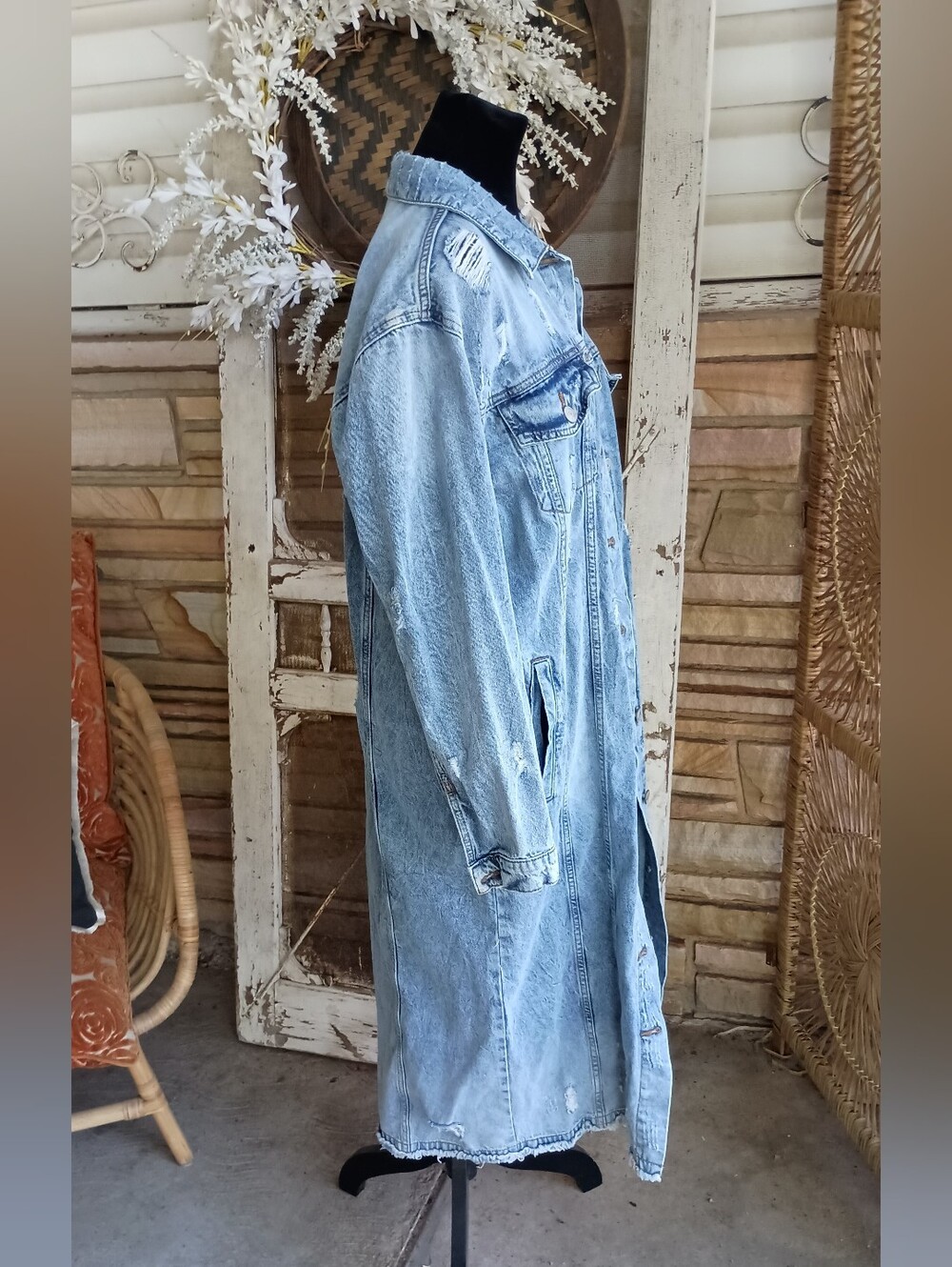Highway Jeans 100% Cotton Long Light Wash Distressed Denim Trench Coat_L - Picture 4 of 8